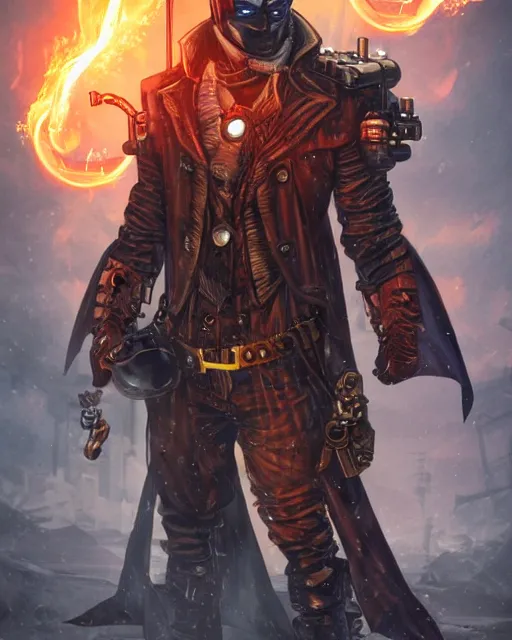 Image similar to steampunk batman with fire and ice magic coming out from his hands in a dystopian environment, full body view, highly detailed, amazing digital art, artstation, sharp focus