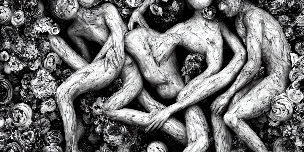 Image similar to surrealist sculpture human bodies intertwined, a lovely cornucopia of flowers and human body parts, body parts, paint pour, swirling paint colors, black and white photography, desaturated, highly detailed, octane render, cinematic