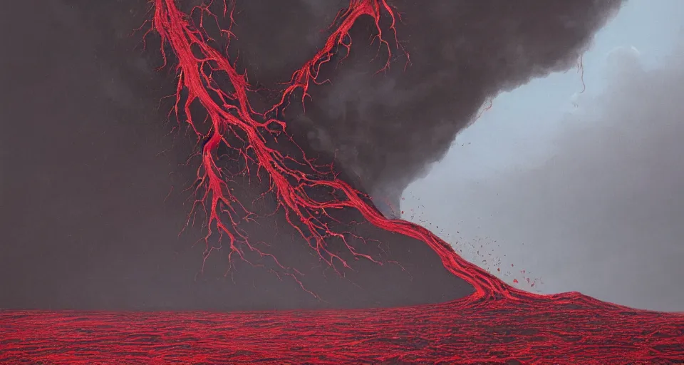 Prompt: a volcano made of ivory vines and crimson rocks enters in eruption, it spits a smoke in the shape of demonic eye, by lee madgwick