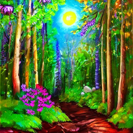 Image similar to secret hidden path in the forest leading to a portal to outerspace, prismatic weather, flowers, expressive oil painting