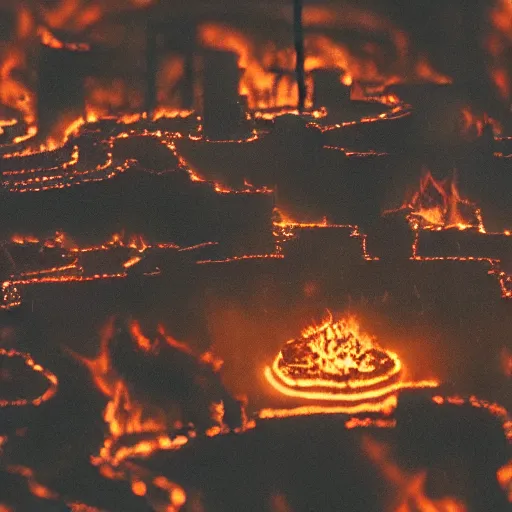 Image similar to landscape of hell, fire, tilt shift