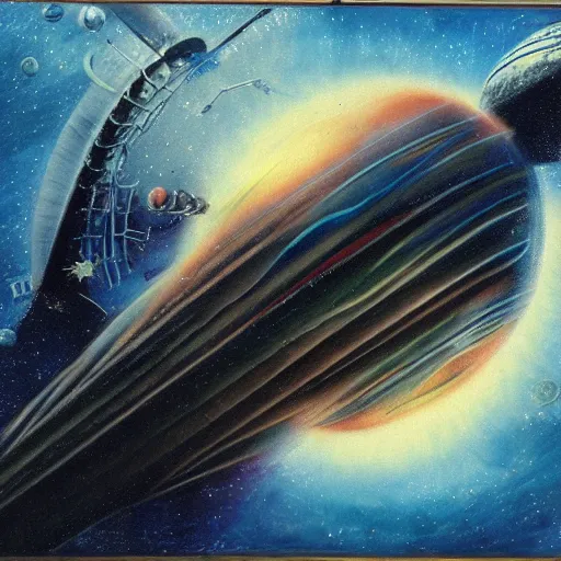 Prompt: atompunk rocket ship sailing across the infinite cosmos, grand scale, galaxy beyond, blackhole sun, explosive energy, painting by h. r. giger, sharp focus, 4 k, unimaginable composition, space horror