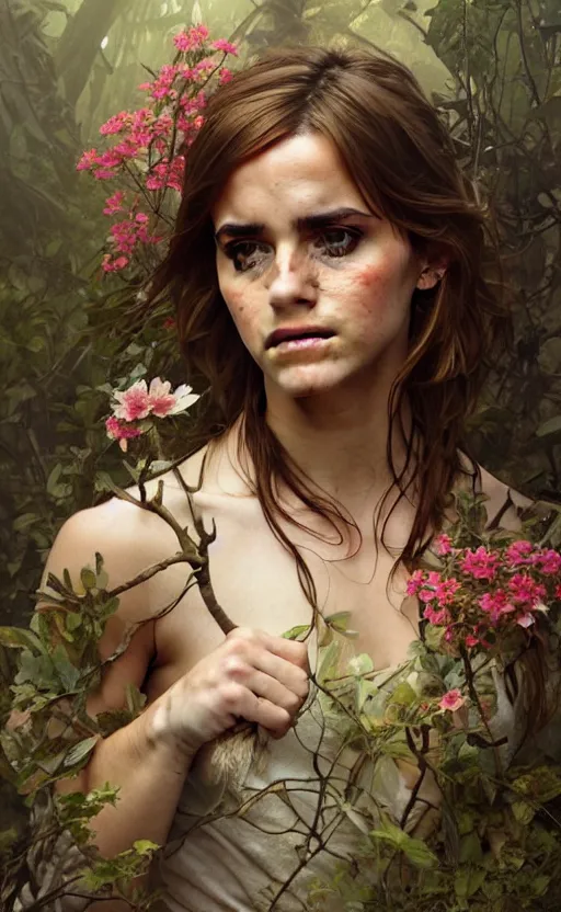 Prompt: emma watson god of the forest, 3 0 years old, rugged, female, gorgeous, detailed face, amazing, thighs, flowers, muscular, intricate, highly detailed, digital painting, high detailed, artstation, concept art, sharp focus, illustration, art by greg rutkowski and alphonse mucha