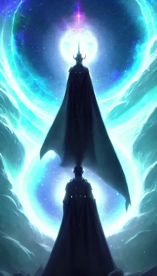 Image similar to celestial god with a cape, epic scene, holy, full body, galaxy, and, stars, atmosphere, unreal engine, pixar, video game, ethereal, insanely, detailed, volumetric, symmetrical, concept art, charlie bowater, tsutomu nihei, unreal engine, artstation, cinematic, video game, digital painting, artist maena