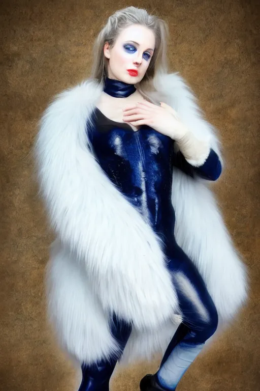 Prompt: Full body Portrait of a female cryomancer, pale white skin, dark blue eyes, gorgeous lady, sky-blue thick fur coat, navy shirt, black leggins, beautiful sculptured face, dark blue lipstick, kissing smile, pillars of ice background, derriere, extremely detailed, by frank franzzeta, WLOP, Genzoman and gary gygax, trending on artstation, artstationHD, artstationHQ, deviantart, 16K, HD, matte painting, vibrant colors