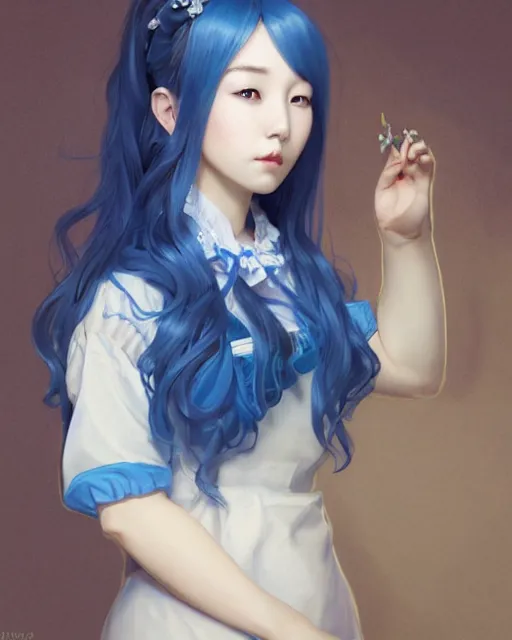 Image similar to symmetrical portrait of a pretty korean girl with blue hair dressed as a french maid digital painting, 8 k, concept art, art by wlop, artgerm, greg rutkowski and alphonse mucha