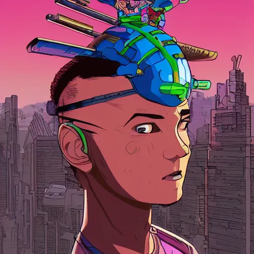 Image similar to ps2 screenshot of young cyberpunk explorer wearing futuristic headpiece, in the style of by Josan Gonzalez and Geof Darrow, highly detailed, high quality, HD, 4k, 8k, realistic, sharp, trending