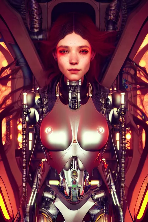 Image similar to ultra realistic, beautiful female cyborg in a crowded smoky cyberpunk club in space megalopolis, sci - fi, intricate details, eerie, highly detailed, octane render, 8 k, art by artgerm and alphonse mucha and greg rutkowski