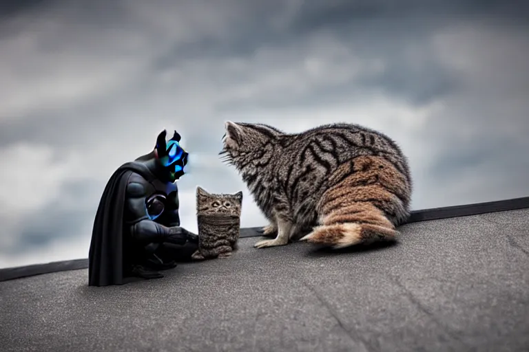 Image similar to Batman petting his Pallas cat on a rooftop, by Emmanuel Lubezki