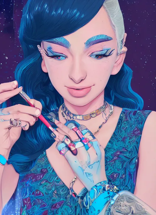 Image similar to portrait of alexis rose from schitts creek applying lipstick, wearing a stylish dress and matching jewlery, by dan mumford, yusuke murata, makoto shinkai, ross tran, cosmic, intricate detail, cinematic, 8 k, cel shaded, unreal engine, featured on artstation, pixiv