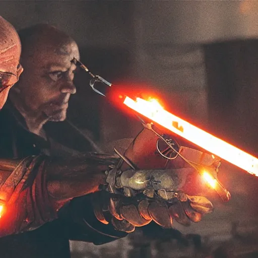 Image similar to weapon made from old egg beater, balding older cyborg repairing, red hot soldering iron, dark messy smoke - filled cluttered workshop, dark, dramatic lighting, orange tint, cinematic, highly detailed, sci - fi, futuristic, movie still from blade runner