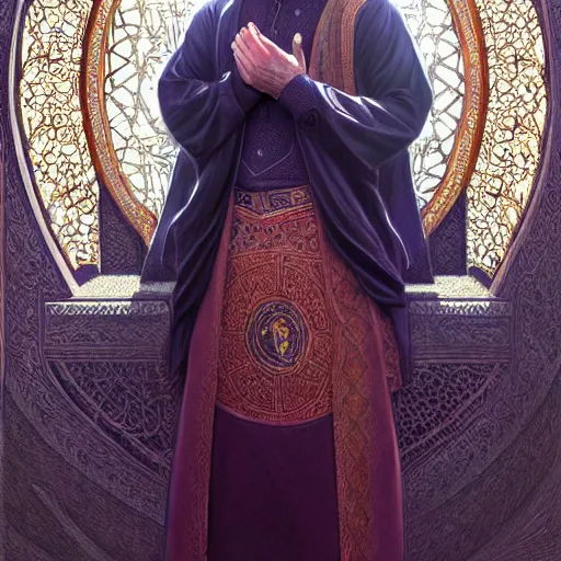 Prompt: lionel messi wearing islamic clothes, doing sujood, d & d, fantasy, intricate, elegant, highly detailed, digital painting, artstation, concept art, matte, sharp focus, illustration, art by artgerm and greg rutkowski and alphonse mucha