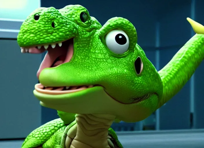 Image similar to film still of yoshi in the new sci - fi movie, cute upright dinosaur with a small turtle shell and long tongue, 8 k