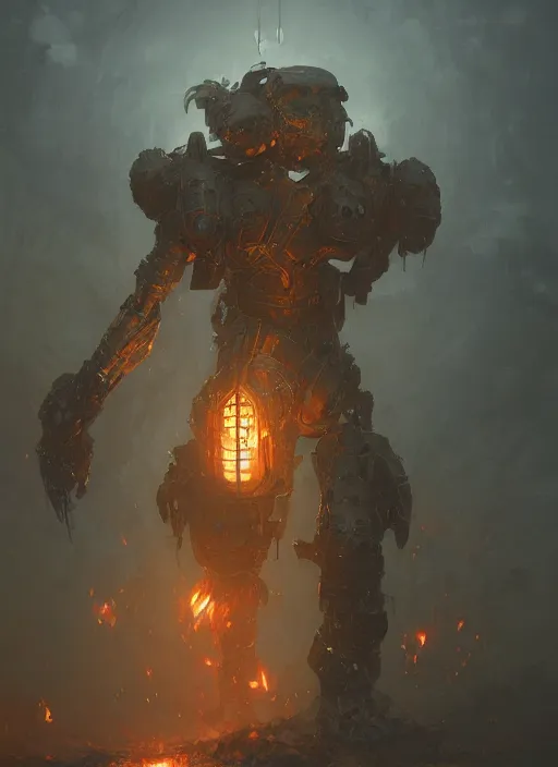 Image similar to a photorealistic dramatic hyperrealistic render of an armored fire golem by wlop, greg rutkowski, alphonse mucha, beautiful dynamic dramatic dark moody lighting, shadows, cinematic atmosphere, artstation, concept design art, octane render, 8 k