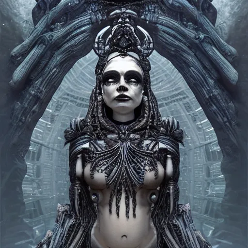 Image similar to a freaky goddess with a dark moon in the far distance behind her by H.R Giger, Ultra High Quality, beautiful, eerie, outstanding, trending on artstation, 8k, 3d render, octane render, intricately detailed artwork, full 8k high quality resolution, recently just found unknown masterpiece