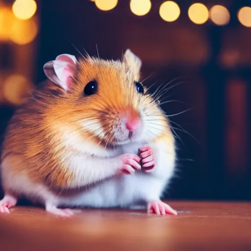 Image similar to photo of a hamster, at night, candlelit restaurant table, various poses, unedited, soft light, sharp focus, 8 k