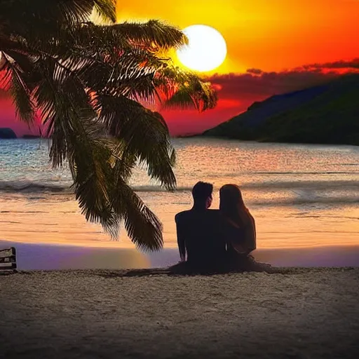 Image similar to one young man and one young woman drinking wine on a beach at sunset, beautiful colors, amazing landscape, digital art