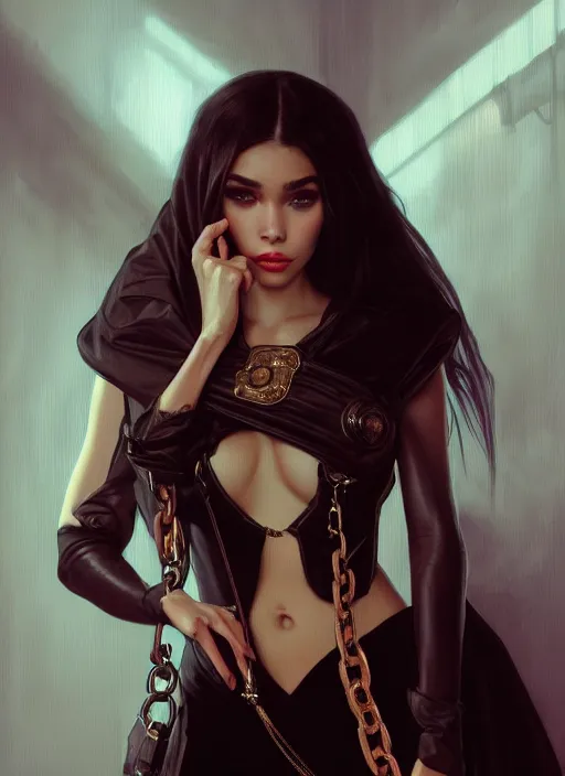 Prompt: portrait of madison beer as a sultry domina, collar and leash, leather, greek, intricate, headshot, madison beer face, highly detailed, digital painting, artstation, concept art, sharp focus, cinematic lighting, illustration, art by artgerm and greg rutkowski, alphonse mucha, cgsociety