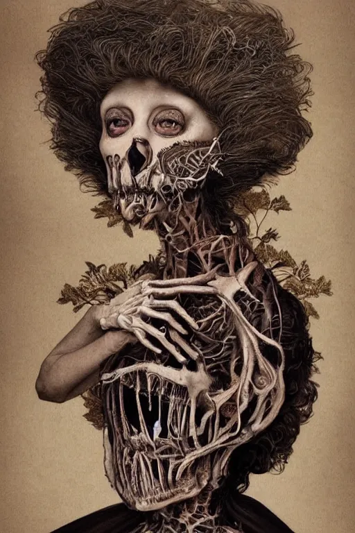 Prompt: Detailed maximalist portrait of an old woman with large lips and eyes, scared, botanical skeletal with extra flesh, HD mixed media, 3D collage, highly detailed and intricate, surreal illustration in the style of Caravaggio, dark art, baroque, centred in image