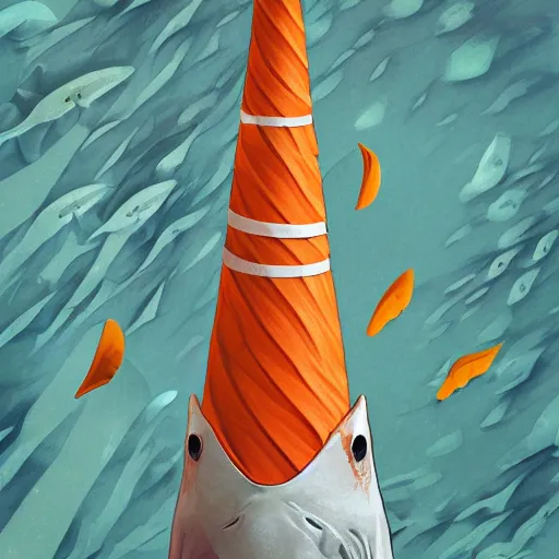 Image similar to orange and white striped traffic cone with 5 rows of shark teeth breaking through the cracks, ocean background detailed atmospheric - ron cheng & alphonse mucha, highly detailed, digital painting, ray tracing, concept art, illustration, smooth sharp focus, intricate, symmetry, artstation,