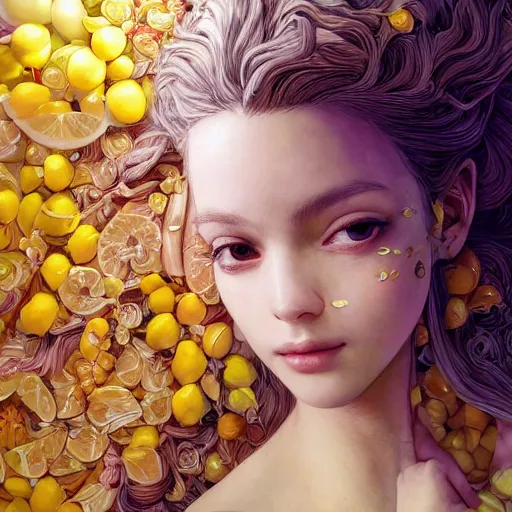 Image similar to the portrait of an absurdly beautiful, graceful, elegant, sophisticated, young girl made up of lemons, an ultrafine hyperdetailed illustration by kim jung gi, irakli nadar, intricate linework, bright colors, octopath traveler, final fantasy, unreal engine 5 highly rendered, global illumination, radiant light, detailed and intricate environment