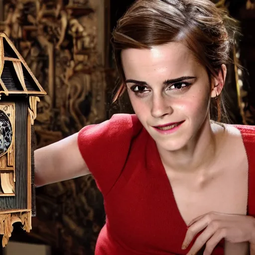 Prompt: Emma Watson emerging from a cuckoo clock