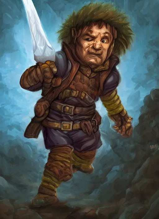 Prompt: A fantasy comic book roleplaying game style portrait painting of a halfling thief sneaking in a cavern, DAZ, hyperrealistic, ambient light, dynamic light