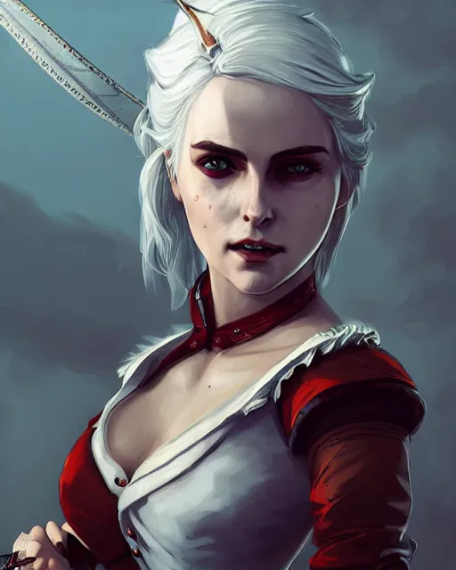 Image similar to Ciri from Witcher 3 by Viorie and Toni Infante and Timothy Kong, wearing haute couture by schiaparelli, sharp focus, sun rays, intricate, elegant, highly detailed, digital painting, masterpiece.