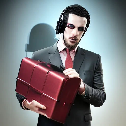 Prompt: A octane render of a man holding a Cyberpunk brief case. Cinematic lighting, high saturation, bright colors.