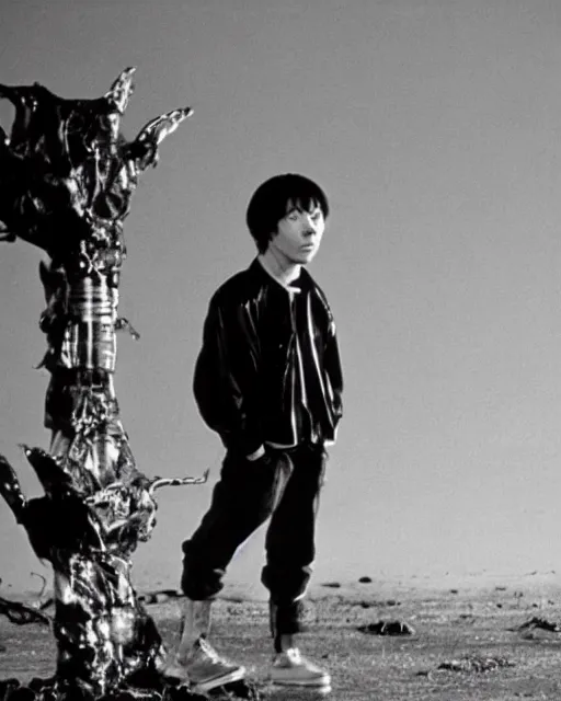 Image similar to film still of young actor bud cort, from harold and maude, as tetsuo in live action remake of akira, neo - tokyo, post apocalyptic, telekinesis, mutant psychic children, neo - tokyo, futuristic, in the style of alex proyas, ridley scott, katsuhiro otomo