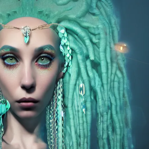 Image similar to unreal engine, octane render, 8 k, sandro botticelli full body portrait of lady of elche egyptian sumerian goddess princess intergalactica, nautical siren, queen of heaven, techno mystic goddess, with aqua neon dreadlocks, teal eyebrows encrusted with diamonds, wearing iris van herpen haute couture, star - gate of futurisma,