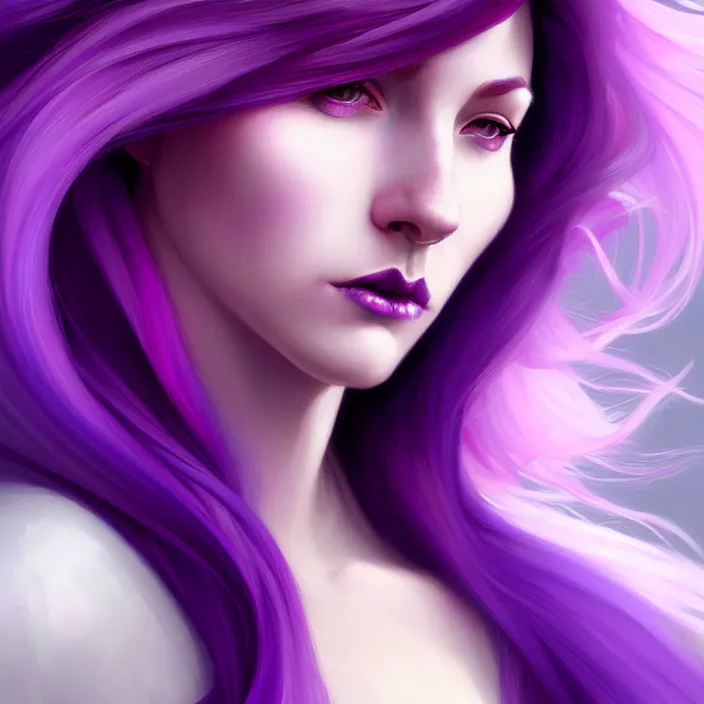 Image similar to Purple hair relistic Portrait of a woman with bright colored flying hair, all shades of purple. Beauty face, Hair coloring, fantasy, intricate, elegant, highly detailed, digital painting, artstation, concept art, smooth, sharp focus, illustration, art by artgerm and greg rutkowski and alphonse mucha