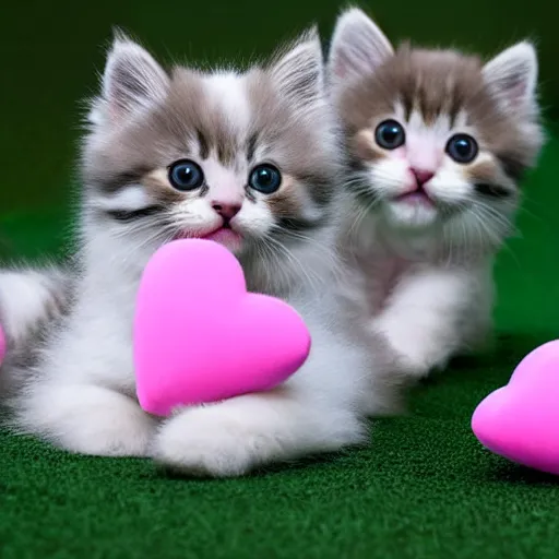 Image similar to hyper realistic photograph of the cutest fluffiest kittens rolling around playfully with cute pink hearts in the background