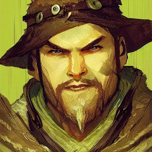 Image similar to a medieval hunter man with japanese ethnicity and stubble, chartreuse color scheme, fantasy character portrait by craig mullins