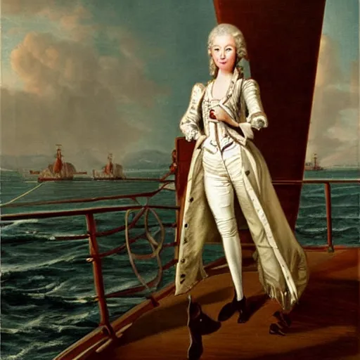 Prompt: a beautiful, friendly, calm, blonde, well - dressed, steampunk, covered, armed, pirate captain, standing on the deck of her ship gazing at the horizon in 1 7 3 0, detailed award - winning time - less painting