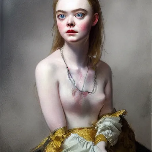 Prompt: a striking hyper real painting of Elle Fanning by Jan Matejko