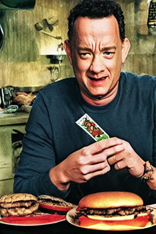 Image similar to tom hanks grilling burgers tarot card, turbografx