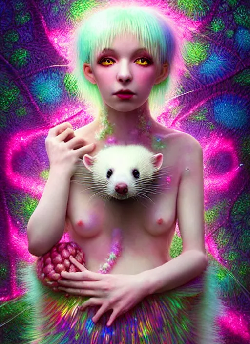 Image similar to hyper detailed 3d render like a Oil painting - kawaii portrait Aurora (white haired Singer Ferret) seen Eating of the Strangling network of yellowcake aerochrome and milky Fruit and Her delicate Hands hold of gossamer polyp blossoms bring iridescent fungal flowers whose spores black the foolish stars by Jacek Yerka, Mariusz Lewandowski, Houdini algorithmic generative render, Abstract brush strokes, Masterpiece, Edward Hopper and James Gilleard, Zdzislaw Beksinski, Mark Ryden, Wolfgang Lettl, hints of Yayoi Kasuma, octane render, 8k