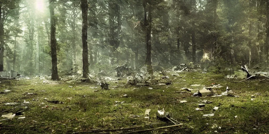 Image similar to future forest attacked by spaceship, broken buildings, star trek, glory war, photograph