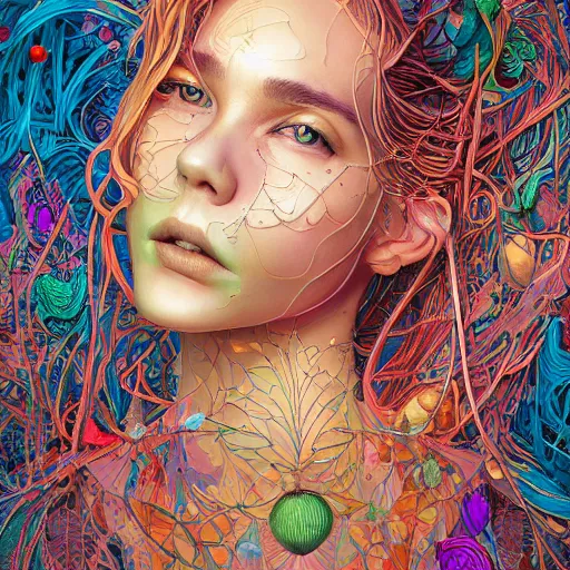 Image similar to the portrait of an unbelievably beautiful woman partially made of onions of all colors, an ultrafine detailed illustration by james jean, final fantasy, intricate linework, bright colors, behance contest winner, vanitas, angular, altermodern, unreal engine 5 highly rendered, global illumination, radiant light, detailed and intricate environment