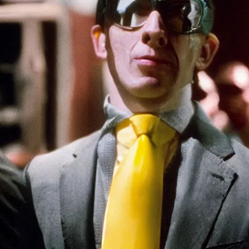 Image similar to yellow minion as the american psycho, sweating intensely, cinematic still