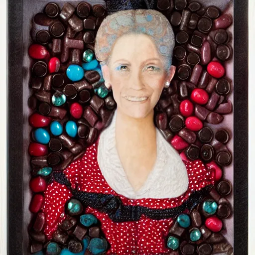 Prompt: A portrait of a woman made entirely out of different kinds of candy