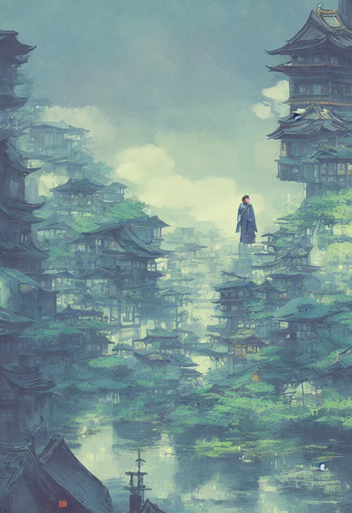 Prompt: tiny lost king wearing a cape in front of a japanese city with beautiful ryokans and edo era houses. cyberpunk. beautiful blue sky. gorgeous epic nature inside the city. lofi. vivid colors, amazing light, by jeremy lipkin, by claude monet, heavily inspired by makoto shinkai, inspired by ghibli, masterpiece, multiple brush strokes, impressionist style