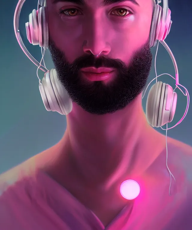 Image similar to Portrait of a male DJ, eastern european origin, sci-fi, pink eyes, face, shaved head, beard, Headphones, fantasy, LSD Dream Emulator, intricate, elegant, backlit, highly detailed, digital painting, artstation, concept art, smooth, sharp focus, illustration, art by artgerm and greg rutkowski and alphonse mucha