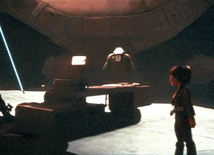 Image similar to screenshot from the iconic scene from the lost star wars 1980s film directed by David Lynch, cinematic lighting, unsettling set design with extreme detail, moody cinematography, with anamorphic lenses, crisp, detailed, 4k image