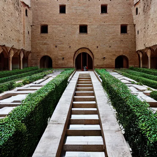 Prompt: courtyard complex of a labyrinthine monastary made of thousands of iteratively stacked and interlocked stones and bricks and wood, fusion of carlo scarpa and louis kahn, ivy growing on the bricks, people walking around and sitting on steps, architectural photography