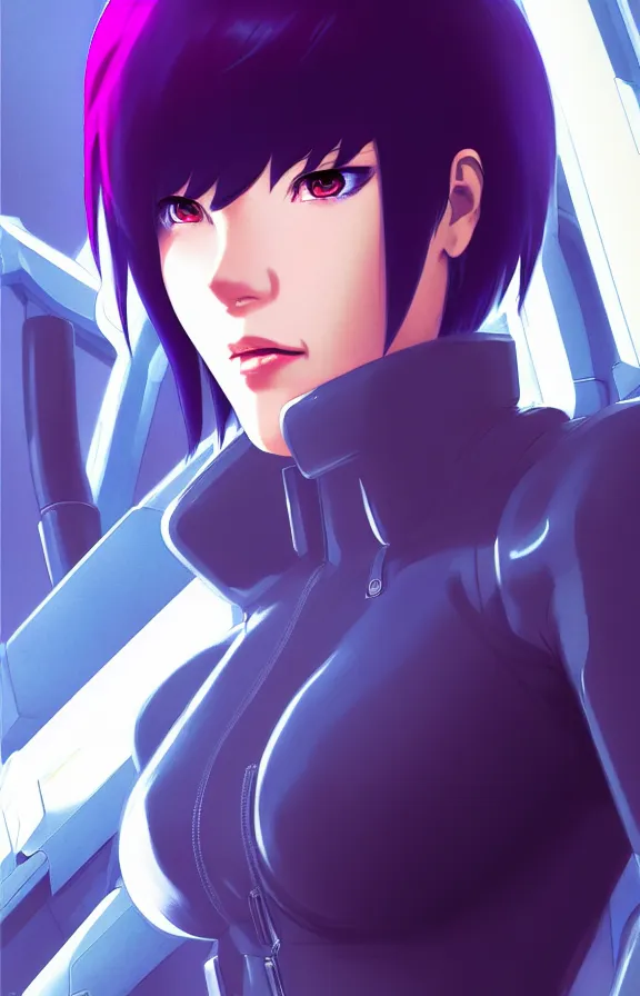 Image similar to a still fullbody portrait of motoko kusanagi ghost in the shell, finely detailed features, closeup at the faces, perfect art, at a cyberpunk city, gapmoe yandere grimdark, trending on pixiv fanbox, by ilya kuvshinov, rossdraws, artgerm