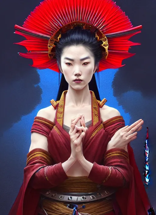 Image similar to cinematic concept movie scene of a wrathful samurai warrior woman dressed in red holding a lotus flower killing street thugs dressed in blue garb, cinematic scene, intricate, elegant, highly detailed, lotus flower, digital painting, artstation, concept art, smooth, sharp focus, illustration, art by artgerm and greg rutkowski and alphonse mucha and wlop