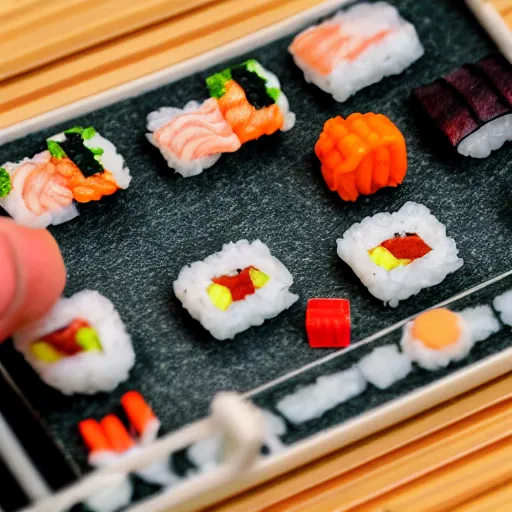 Prompt: detailed miniature people making sushi, tilt shift