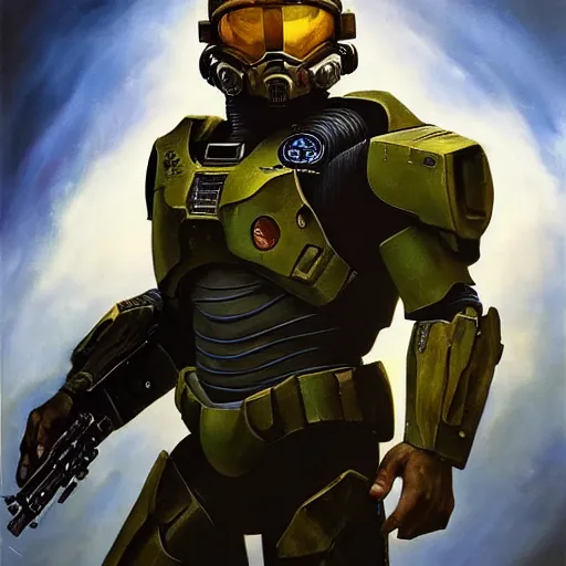 Image similar to ultra realistic portrait painting of zion williams as master chief, art by frank frazetta, 4 k, ultra realistic, highly detailed, epic lighting